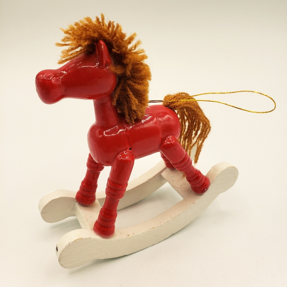 Vintage Taiwan Wooden Rocking Horse Ornament Yarn Mane Red White 3 3/4" Tall.